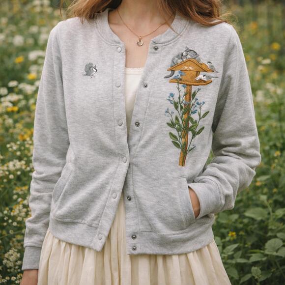 Sweaters - Vintage Cottagecore Birdhouse Embroidered Snap Cardigan Gray Large